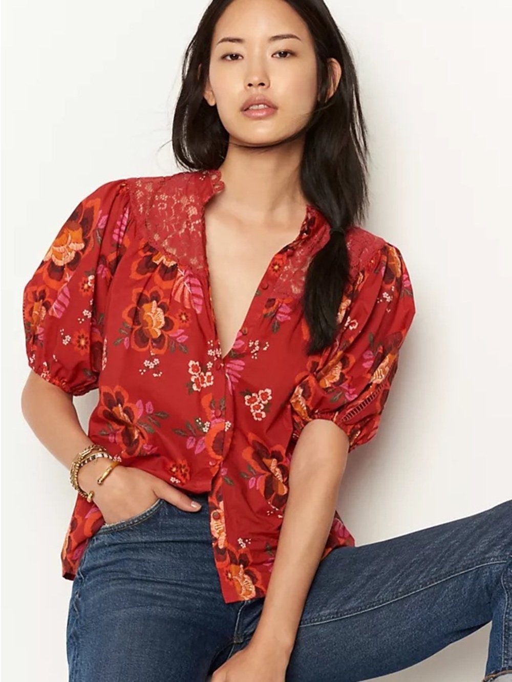 FARM Rio Rust Red Floral Lace-Yoke Puff Sleeve Blouse